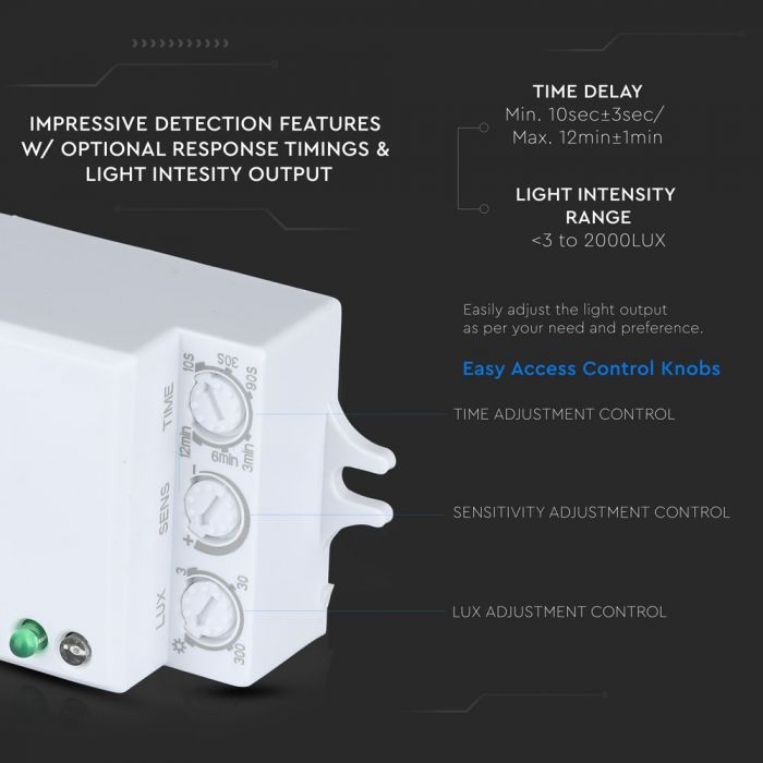 LED 300W Microwave motion sensor, IP20, Max 300W LED, 180°/360°, white, V-TAC