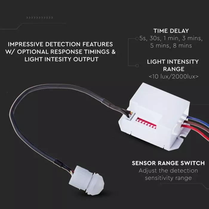 Iebūvējams infrasarkanais kustības sensors, regulējams laiks,  Max 400W LED,  120°/360°, IP65, V-TAC