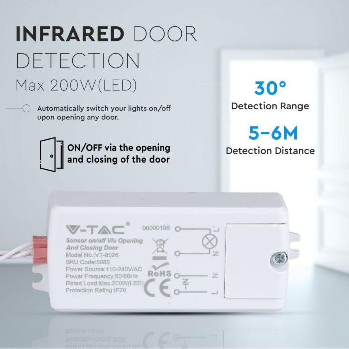 LED built-in short distance motion sensor, Max 200W LED, 360°, works on door opening, V-TAC