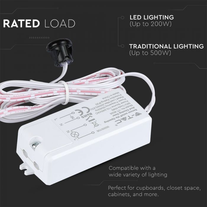 LED iebūvējams īsas distances kustības sensors,  Max 200W LED,  360°, strādā uz durvju atvēršanos, V-TAC