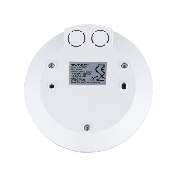 Infrasarkanais kustības sensors, griestu, balts, regulējams laiks un LUX (līdz 1000W), V-TAC