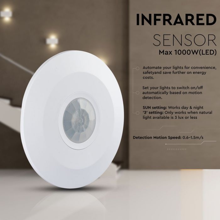 Infrasarkanais kustības sensors, griestu, balts, regulējams laiks un LUX (līdz 1000W), V-TAC