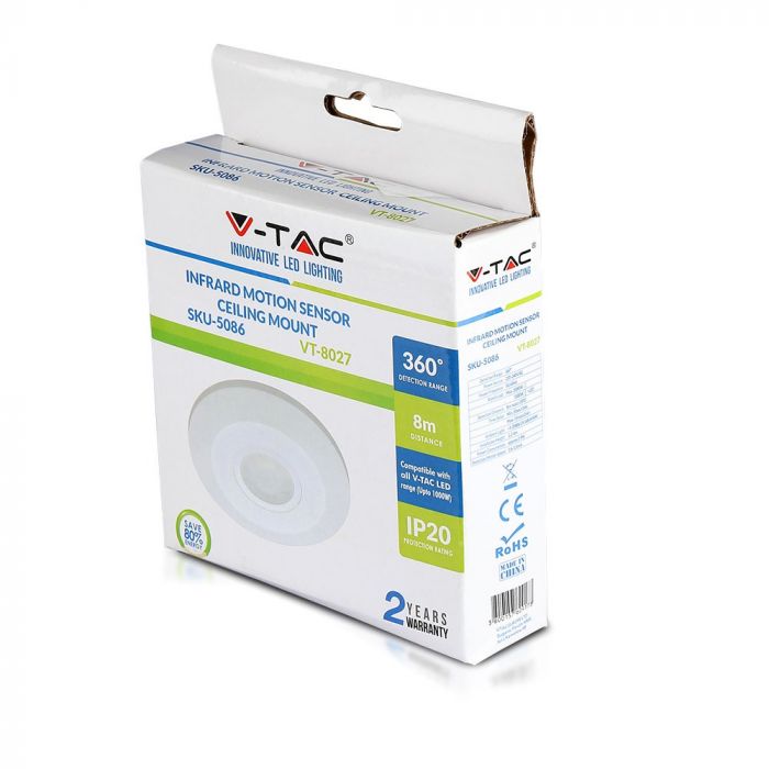 Infrared motion sensor, ceiling, white, adjustable time and LUX (up to 1000W), V-TAC