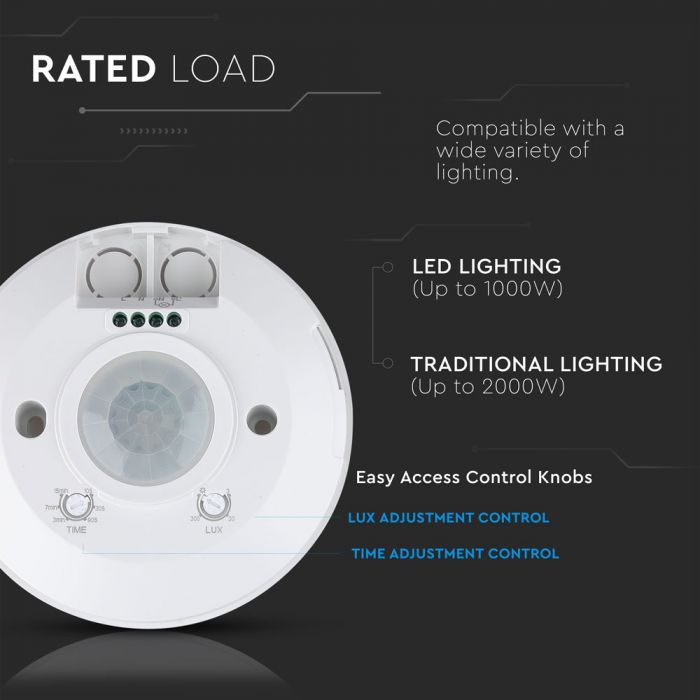 Infrasarkanais kustības sensors, griestu, balts, regulējams laiks un LUX (līdz 1000W), V-TAC