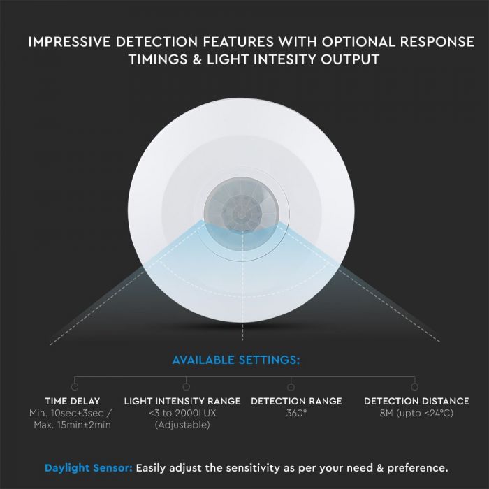 Infrared motion sensor, ceiling, white, adjustable time and LUX (up to 1000W), V-TAC