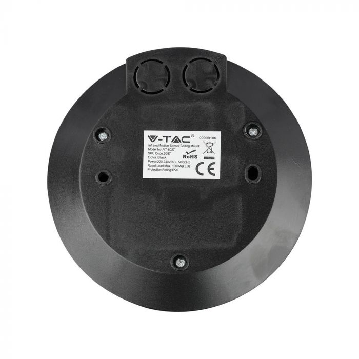 Infrared motion sensor, ceiling, black, adjustable time and LUX, Max 1000W LED, 360°, V-TAC