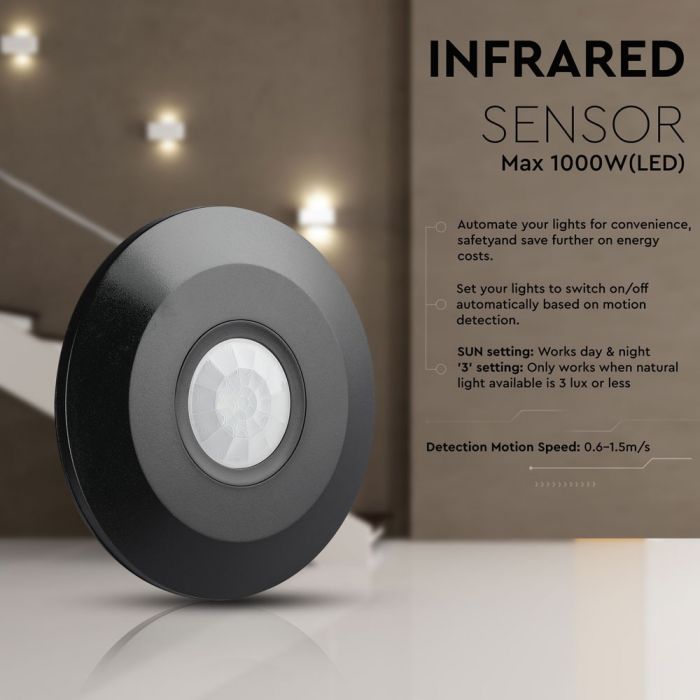 Infrared motion sensor, ceiling, black, adjustable time and LUX, Max 1000W LED, 360°, V-TAC