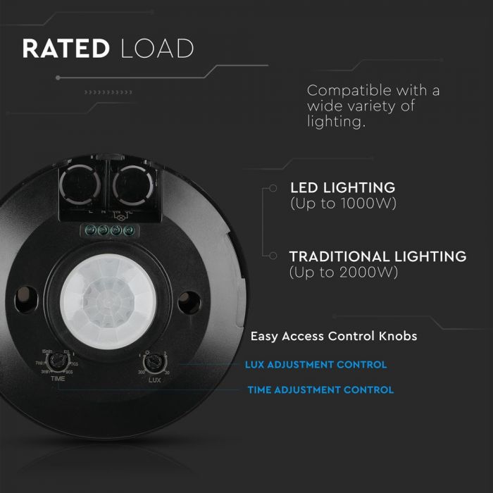 Infrared motion sensor, ceiling, black, adjustable time and LUX, Max 1000W LED, 360°, V-TAC