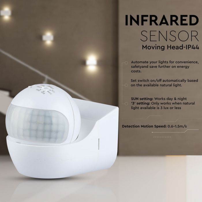 Infrared motion sensor, rotatable, white, adjustable time and LUX, Max 400W LED, IP44, 360°, V-TAC