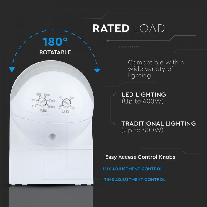 Infrared motion sensor, rotatable, white, adjustable time and LUX, Max 400W LED, IP44, 360°, V-TAC