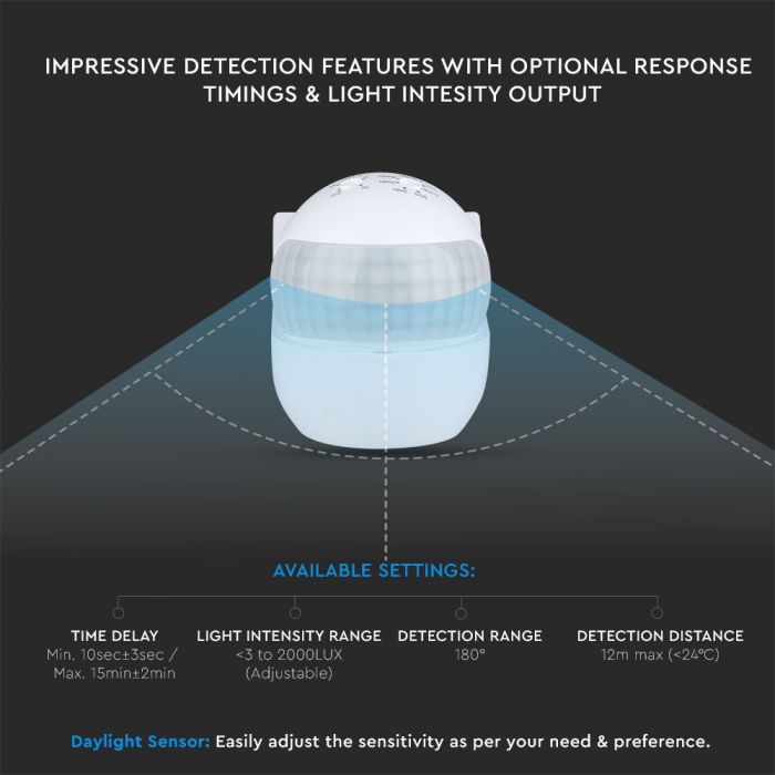 Infrared motion sensor, rotatable, white, adjustable time and LUX, Max 400W LED, IP44, 360°, V-TAC