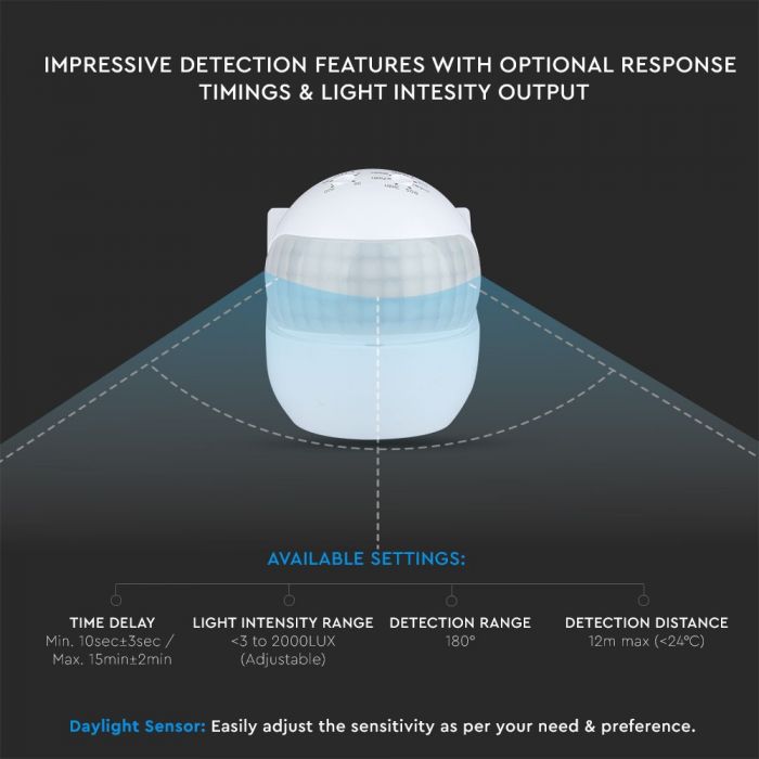 Infrapuna liikumisandur, pöörlev, valge, reguleeritav aeg ja LUX, Max 400W LED, IP44, 360°, V-TAC