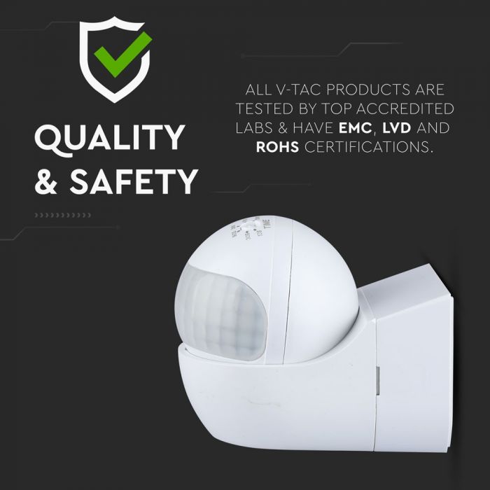 Infrared motion sensor, rotatable, white, adjustable time and LUX, Max 400W LED, IP44, 360°, V-TAC