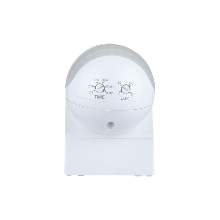 Infrared motion sensor, rotatable, white, adjustable time and LUX, Max 400W LED, IP44, 360°, V-TAC