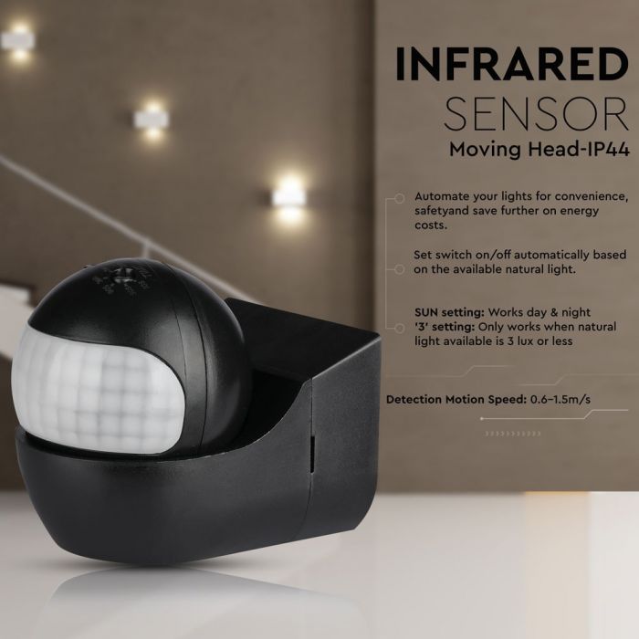 Infrasarkanais kustības sensors, grozāms, melns, regulējams laiks un LUX (līdz 400W), V-TAC
