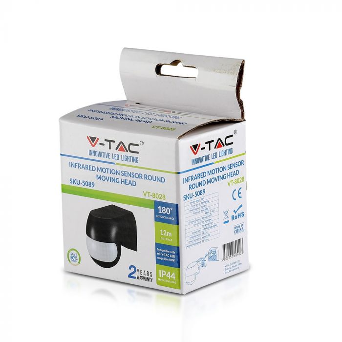 Infrasarkanais kustības sensors, grozāms, melns, regulējams laiks un LUX (līdz 400W), V-TAC