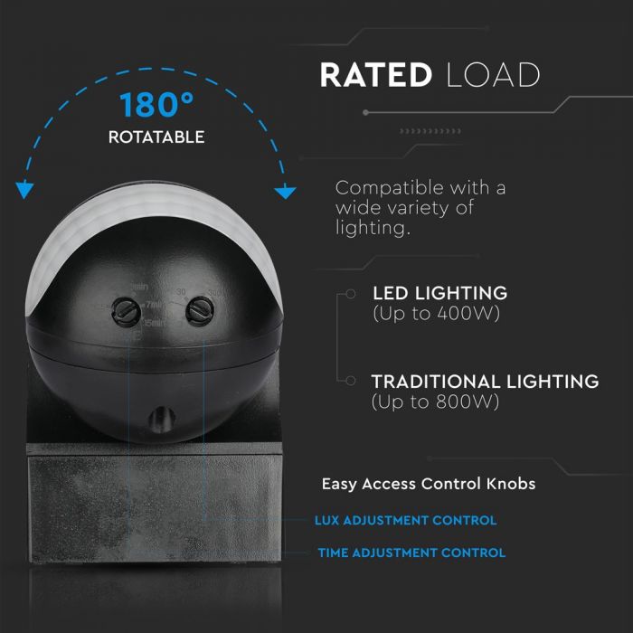 Infrasarkanais kustības sensors, grozāms, melns, regulējams laiks un LUX (līdz 400W), V-TAC