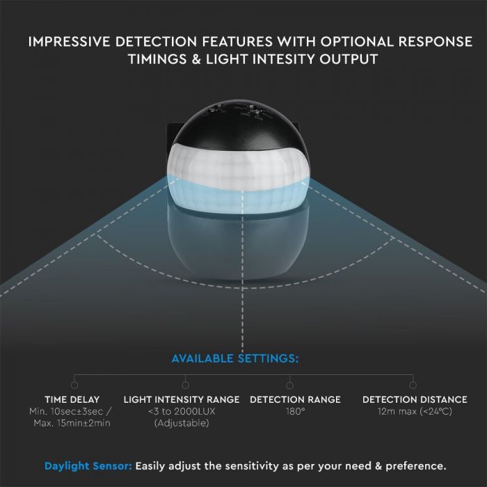 Infrared motion sensor, rotatable, black, adjustable time and LUX (up to 400W), V-TAC