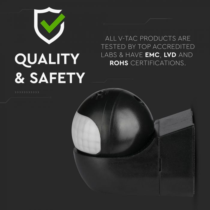 Infrared motion sensor, rotatable, black, adjustable time and LUX (up to 400W), V-TAC