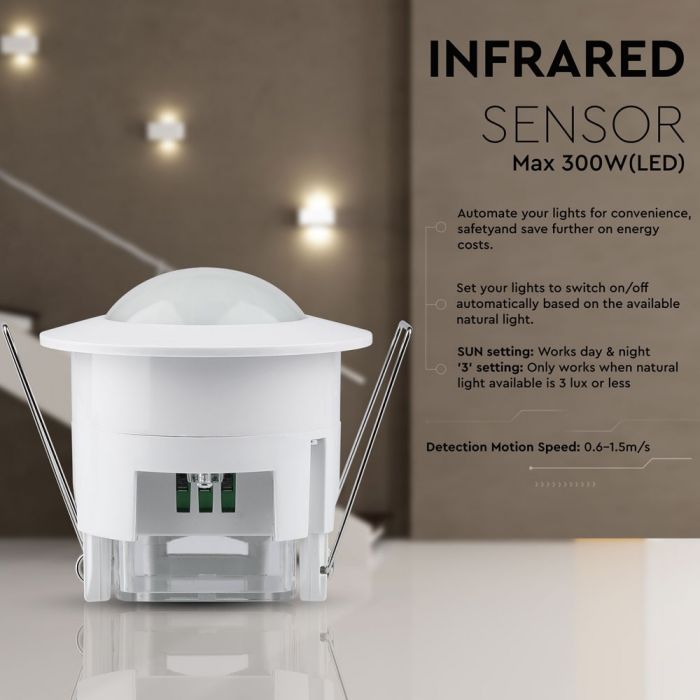 Infrared motion sensor, ceiling, adjustable time and LUX (up to 300W), V-TAC