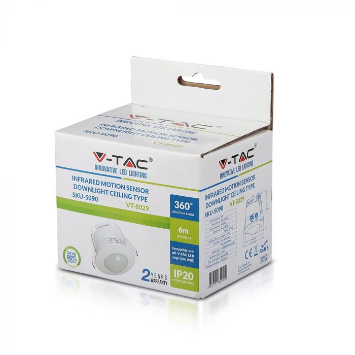 Infrasarkanais kustības sensors, griestu, regulējams laiks un LUX (līdz 300W), V-TAC