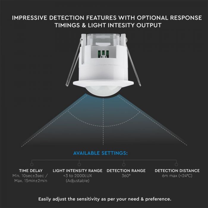 Infrared motion sensor, ceiling, adjustable time and LUX (up to 300W), V-TAC