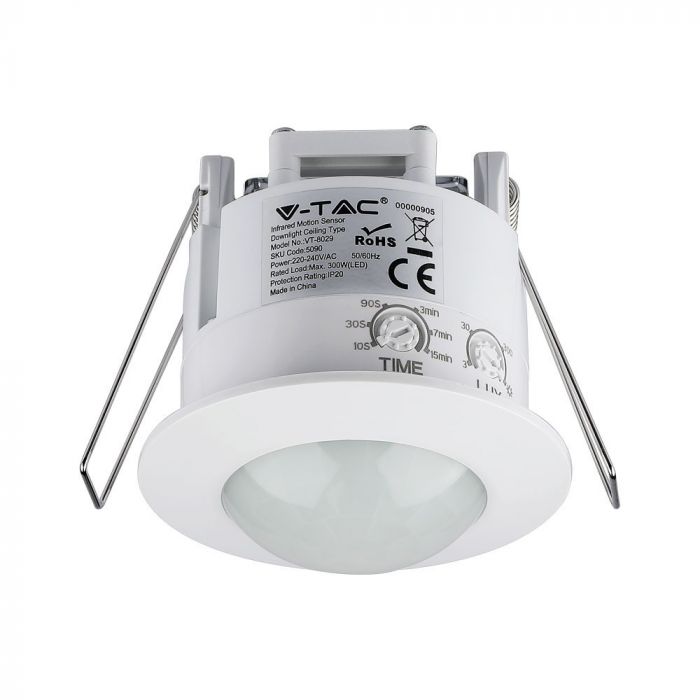 Infrared motion sensor, ceiling, adjustable time and LUX (up to 300W), V-TAC