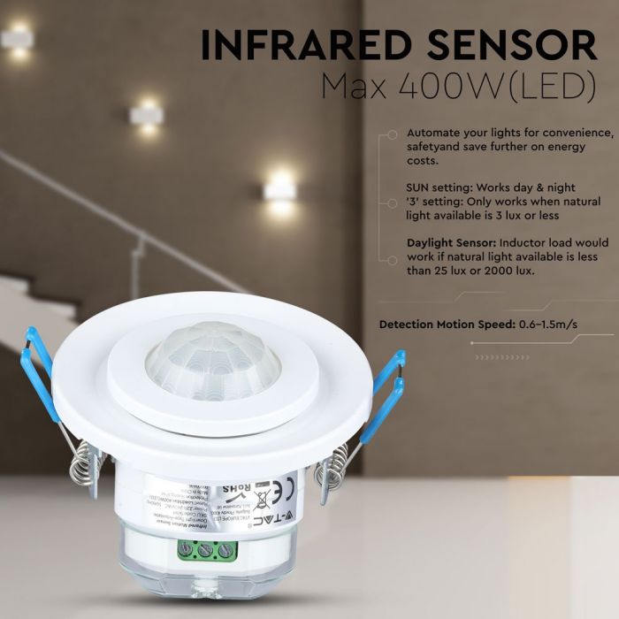 Infrared motion sensor, built-in, ceiling, white, adjustable time and LUX, Max 400W LED, 360°, V-TAC