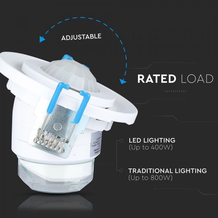 Infrasarkanais kustības sensors, iebūvējams, griestu, balts, regulējams laiks un LUX , Max 400W LED,  360°, V-TAC