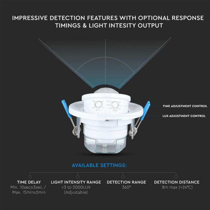 Infrasarkanais kustības sensors, iebūvējams, griestu, balts, regulējams laiks un LUX , Max 400W LED,  360°, V-TAC