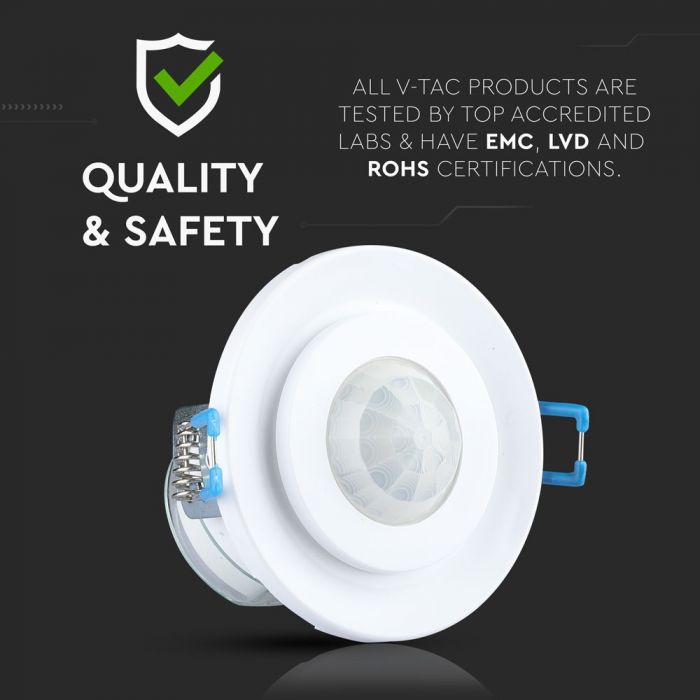 Infrasarkanais kustības sensors, iebūvējams, griestu, balts, regulējams laiks un LUX , Max 400W LED,  360°, V-TAC