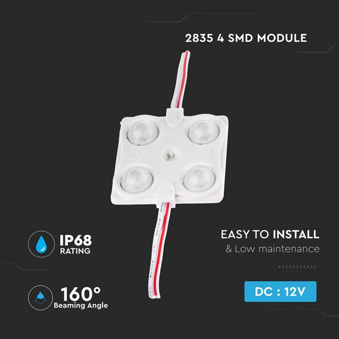 1.44W (135Lm) LED moodul V-TAC koos SMD2835 4 dioodiga, 3 m isekleepuv, IP68, PUNANE valgus