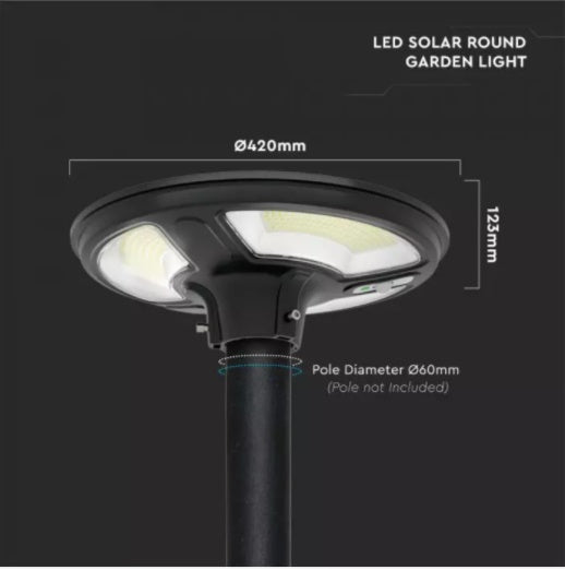 10W(1500Lm) LED solar light, round, with RF sensor, IP65, V-TAC, LiFePO4 3.2V 32650, 25AH, cold white light 6500K