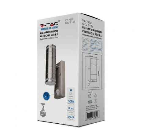 V-TAC Fasādes lampas karkass ar PIR sensoru un 2xGU10 LED spuldzēm (spuldzes nav iekļautas), max 2x35W, IP44