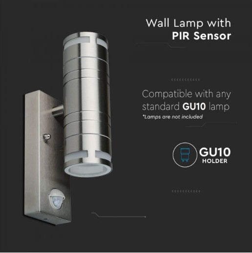 V-TAC Fasādes lampas karkass ar PIR sensoru un 2xGU10 LED spuldzēm (spuldzes nav iekļautas), max 2x35W, IP44