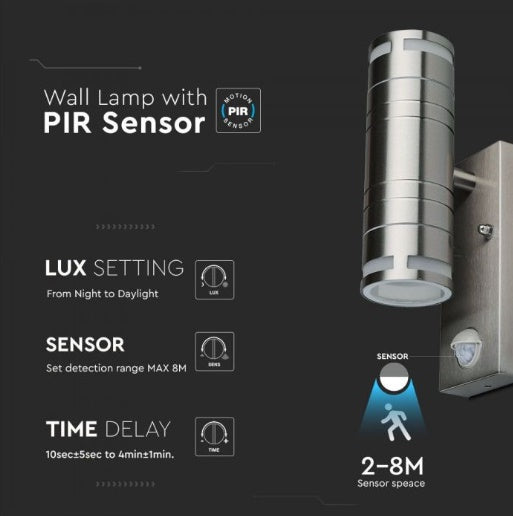 V-TAC Fasādes lampas karkass ar PIR sensoru un 2xGU10 LED spuldzēm (spuldzes nav iekļautas), max 2x35W, IP44