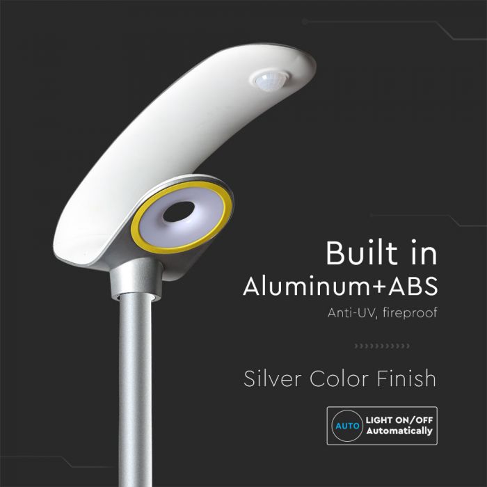 LED 2000Lm solārais dārza gaismeklis, IP65, sudraba, garantija 5 gadi, V-TAC, neitrāli balta gaisma 4000K