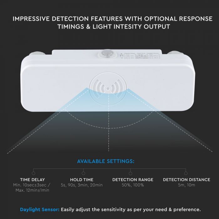 LED 200W Microwave motion sensor, IP65, Max 200W, 180°/360°, white, V-TAC