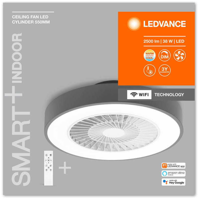 38W(2500Lm) 3in1 LEDVANCE SMART LED plakat ventilaatoriga, WiFi App ühilduv, WiFi, Amazon Echo (Alexa), Google Home, ümmargune, hall, 602x600x216mm, IP20, dimmerdatav, 3000-6500K