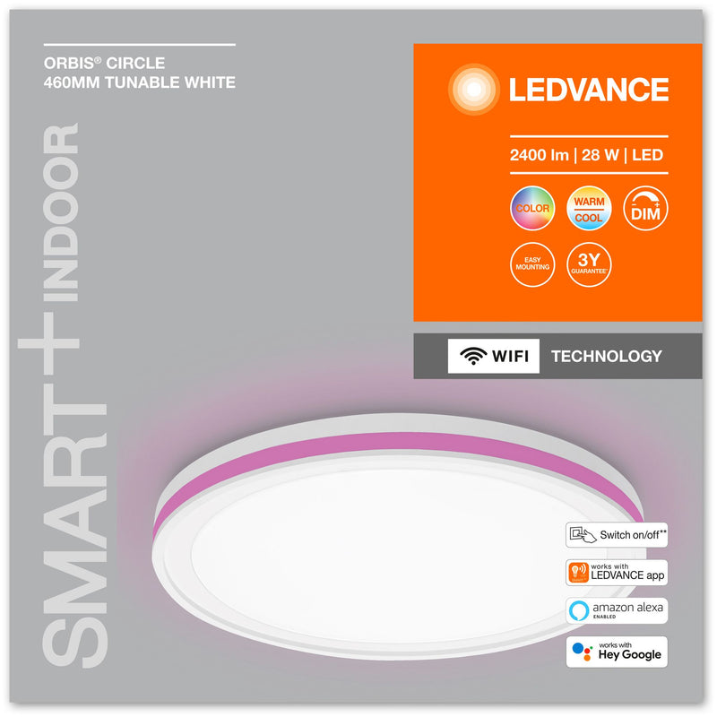 28W(2400Lm) 3in1 LEDVANCE SMART LED ceiling light, compatible with WiFi App, WiFi, Amazon Echo (Alexa), Google Home, round, white, Ø 46 cm, IP20, dimmable, 3000-6500K