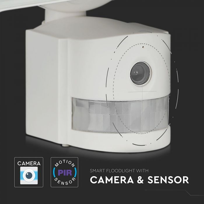 18W(600Lm) LED Wi-Fi Spotlight med övervakningskamera, rörelsesensor, V-TAC, vitt hölje, kallvitt ljus 6000K