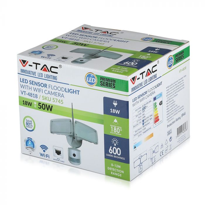 18W(600Lm) LED Wi-Fi Spotlight med övervakningskamera, rörelsesensor, V-TAC, vitt hölje, kallvitt ljus 6000K