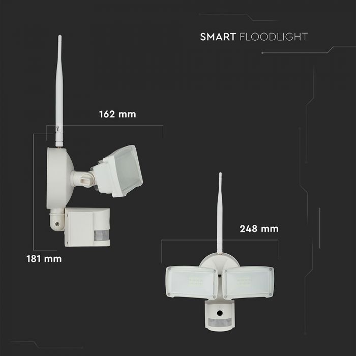 18W(600Lm) LED Wi-Fi Prožektors ar novērošanas kameru, kustības sensoru, V-TAC, balts korpuss, auksti balta gaisma 6000K