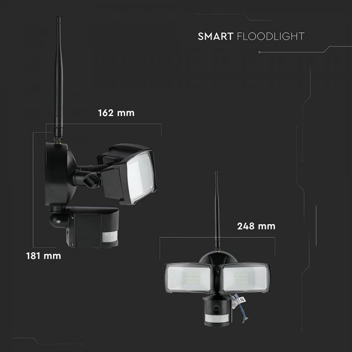 18W(600Lm) LED Wi-Fi прожектор с камерой наблюдения, V-TAC, с датчиком движения и освещенности, черный корпус, холодный белый свет 6000K