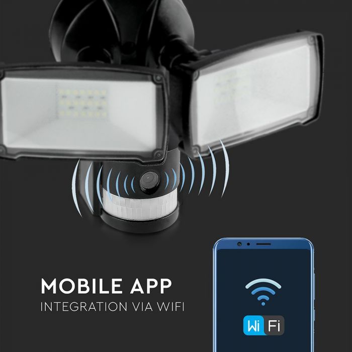 18W(600Lm) LED Wi-Fi прожектор с камерой наблюдения, V-TAC, с датчиком движения и освещенности, черный корпус, холодный белый свет 6000K