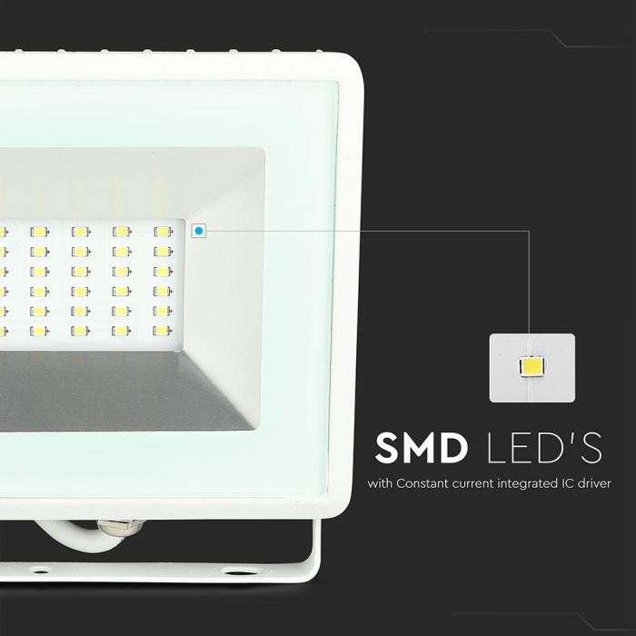 Светодиодный прожектор 30W(2400Lm), SMD, серия E, V-TAC, белый корпус, теплый белый свет 3000K