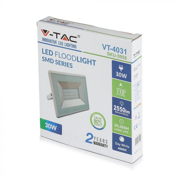 30W(2400Lm) LED Spotlight, SMD, E-series, V-TAC, white body, warm white light 3000K
