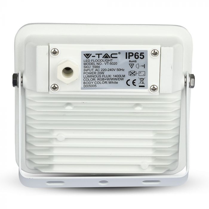 Светодиодный SMART-прожектор 20W(1400Lm) с WIFI, BLUETOOTH, RGB+WW+W+DW, V-TAC, белый корпус