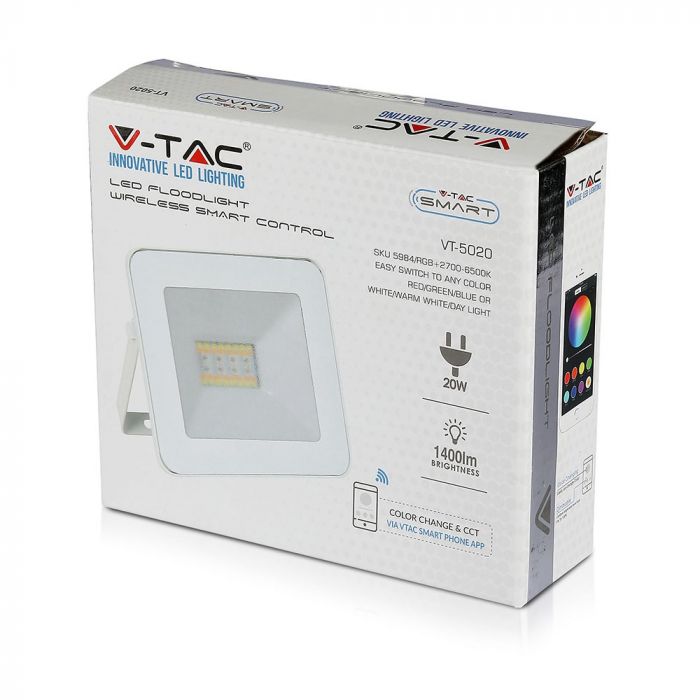 20W (1400Lm) LED SMART Spotlight koos WIFI, BLUETOOTH, RGB+WWW+W+DW, V-TAC, valge korpusega
