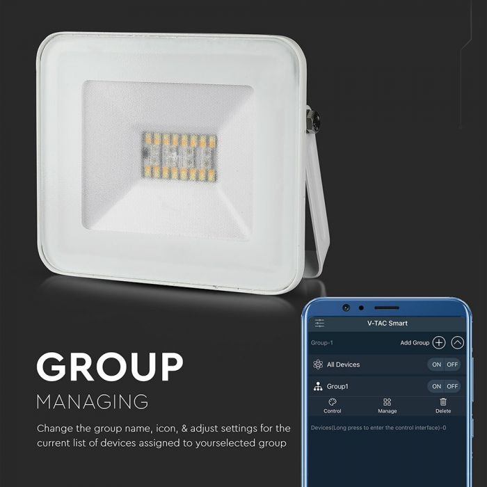 20W(1400Lm) LED SMART Prožektors ar WIFI, BLUETOOTH, RGB+WW+W+DW, V-TAC, balts korpuss